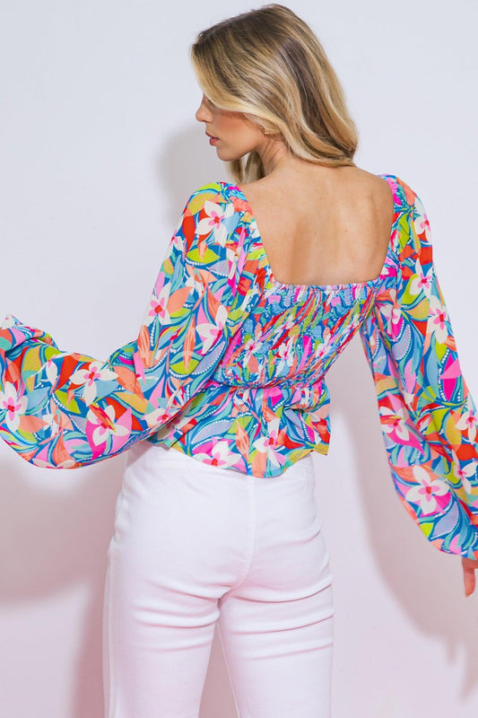 I Never Knew Printed Woven Top with Sweetheart Neckline Peasant Sleeves Peplum in 20blu18 — Soul Flow Apparel