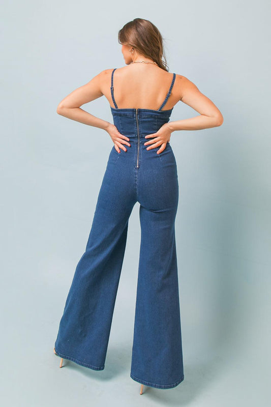 Making Magic Denim Jumpsuit with Flare Legs and V Neck Back Zipper in 20med 20ind, view 2041 — Soul Flow Apparel