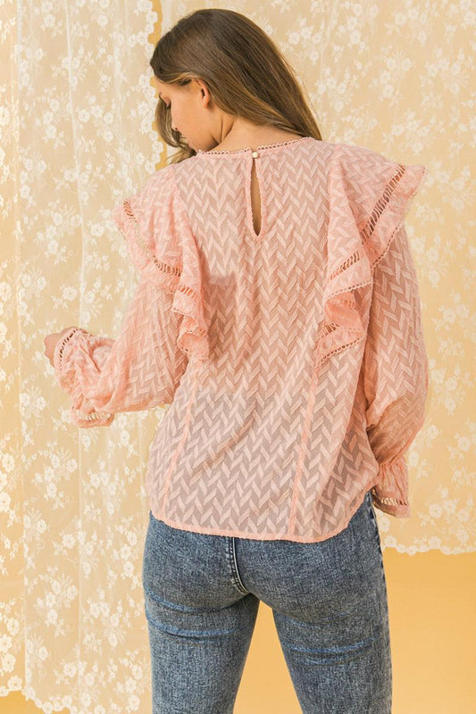 Semi Sheer Embroidered Chevron Peasant Top with Ruffle Trim and Bishop Sleeves — Soul Flow Apparel