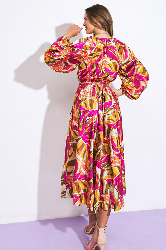 Printed Woven Midi Dress with Round Neckline and Elasticized Waist with Self Tie — Soul Flow Apparel