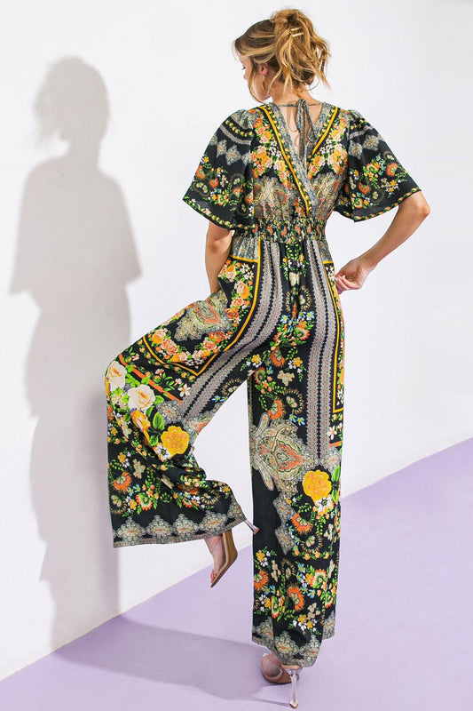 Coastal Breeze Woven Jumpsuit with Surplice Neckline and Tie Back Wide Legs — Soul Flow Apparel