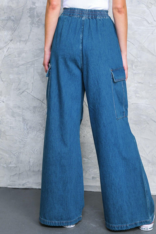 All the Buzz Washed Denim Pants with Cargo Pockets Wide Leg and Elastic Waist — Soul Flow Apparel