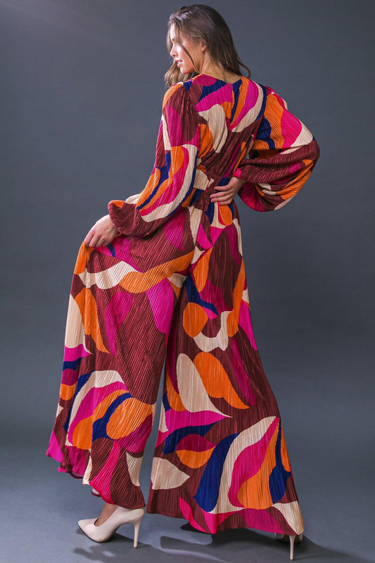 Set a Trend Printed Plisse Jumpsuit with V Neckline Back Zipper for Night Out — Soul Flow Apparel