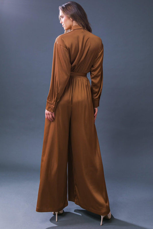 Simply Trendy Solid Woven Jumpsuit with Shirt Collar and Self Tie — Soul Flow Apparel