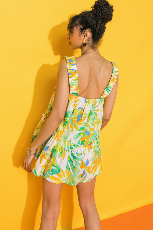 Ocean Skies Printed Woven Top with Straight Neckline and Ruffled Hem — Soul Flow Apparel