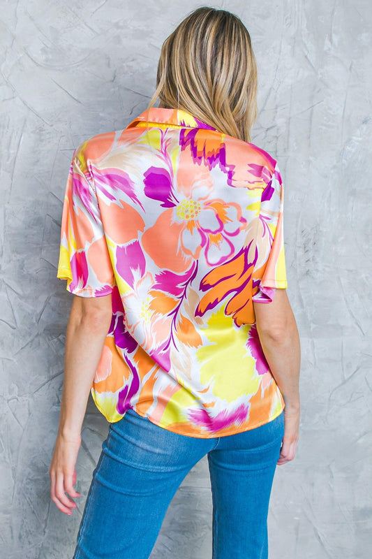 Hello Aroha Satin Printed Woven Top Short Sleeve Button Front Collar — Soul Flow Apparel