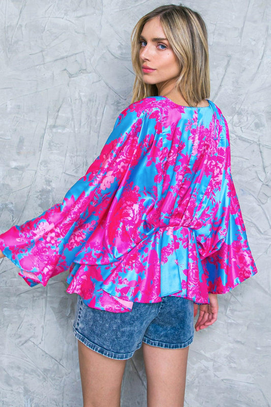 Blue Woven Top with V Neck Pleated Peplum Long Kimono Sleeves — Soul Flow Apparel
