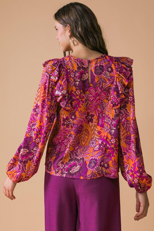 Ready for What's Next Printed Woven Top with Long Sleeve Neckline and Ruffle — Soul Flow Apparel