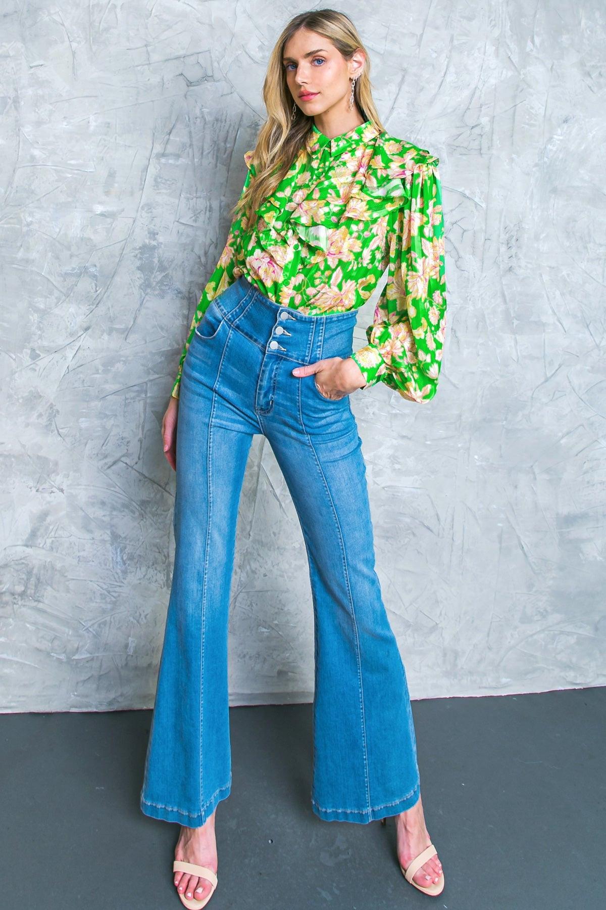 Stuck on an Island Printed Woven Top with Ruffles and Shirt Collar in 20gre12 — Soul Flow Apparel