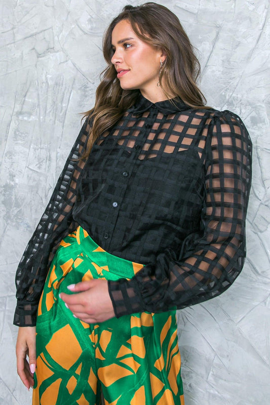 Fluttering Woven Top with Jacquard Shirt Collar Long Sleeves and Cami Inside in 20bla17 — Soul Flow Apparel