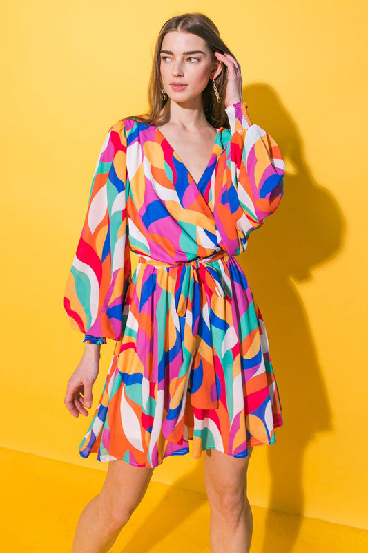 Boston Getaway Woven Mini Dress Surplice Neckline Elasticized Waist Self Tie — Soul Flow Apparel