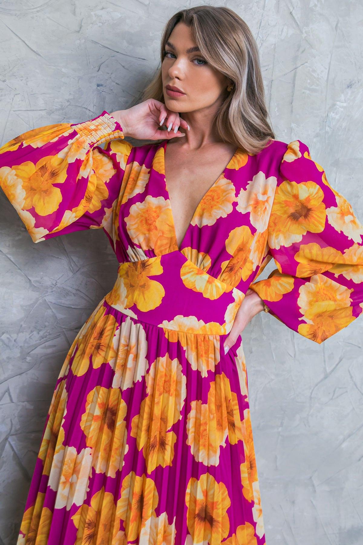 Floral Woven Midi Dress with V Neckline and Smocked Details — Soul Flow Apparel