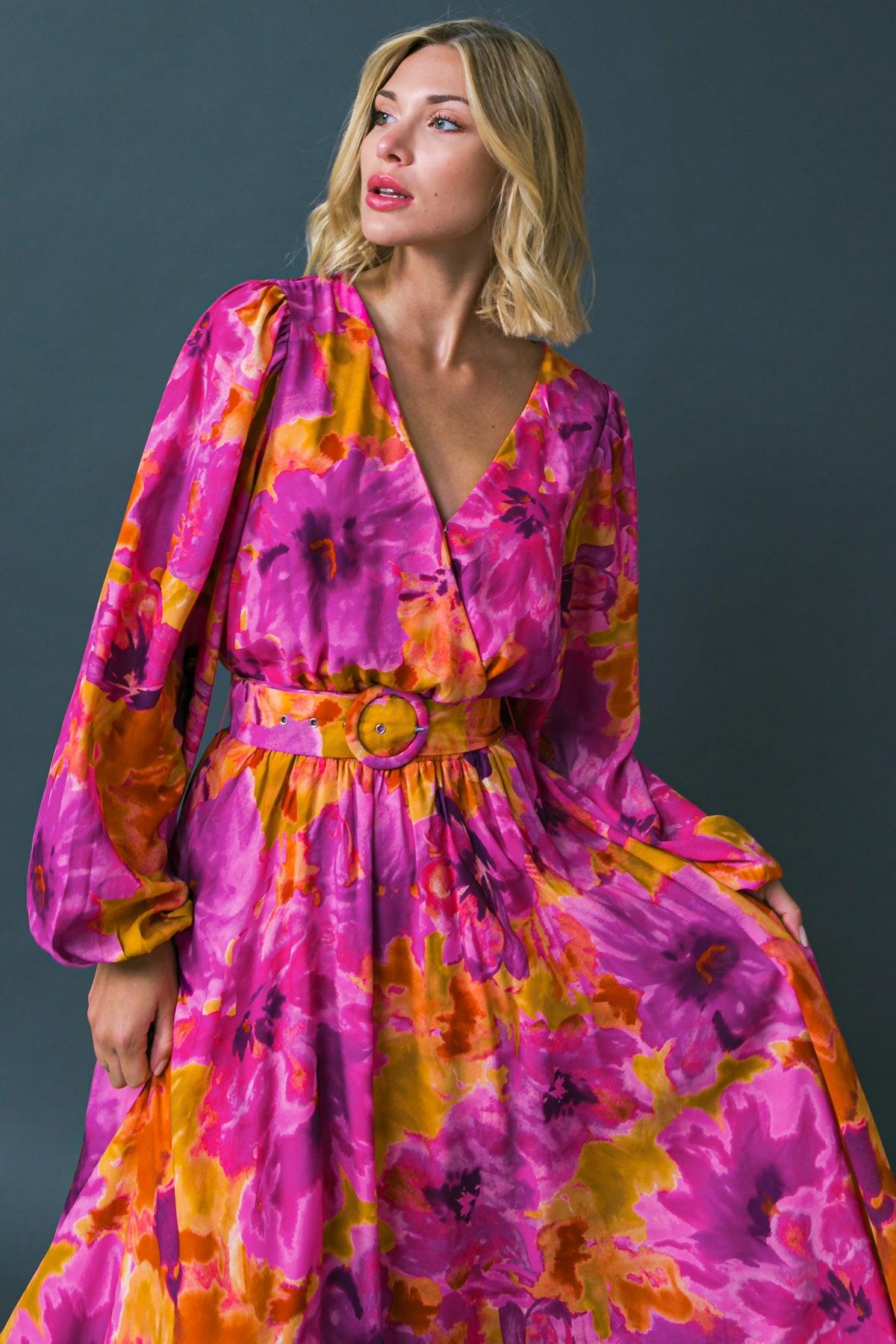 Just Watch Me Printed Woven Midi Dress with Surplice Neckline and Puff Sleeves — Soul Flow Apparel