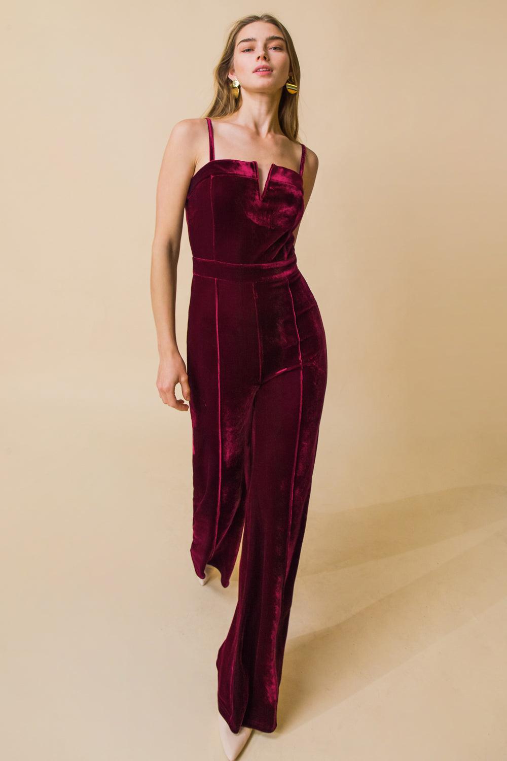 Blow a Kiss Velvet Jumpsuit with Front V Detail and Wide Leg — Soul Flow Apparel