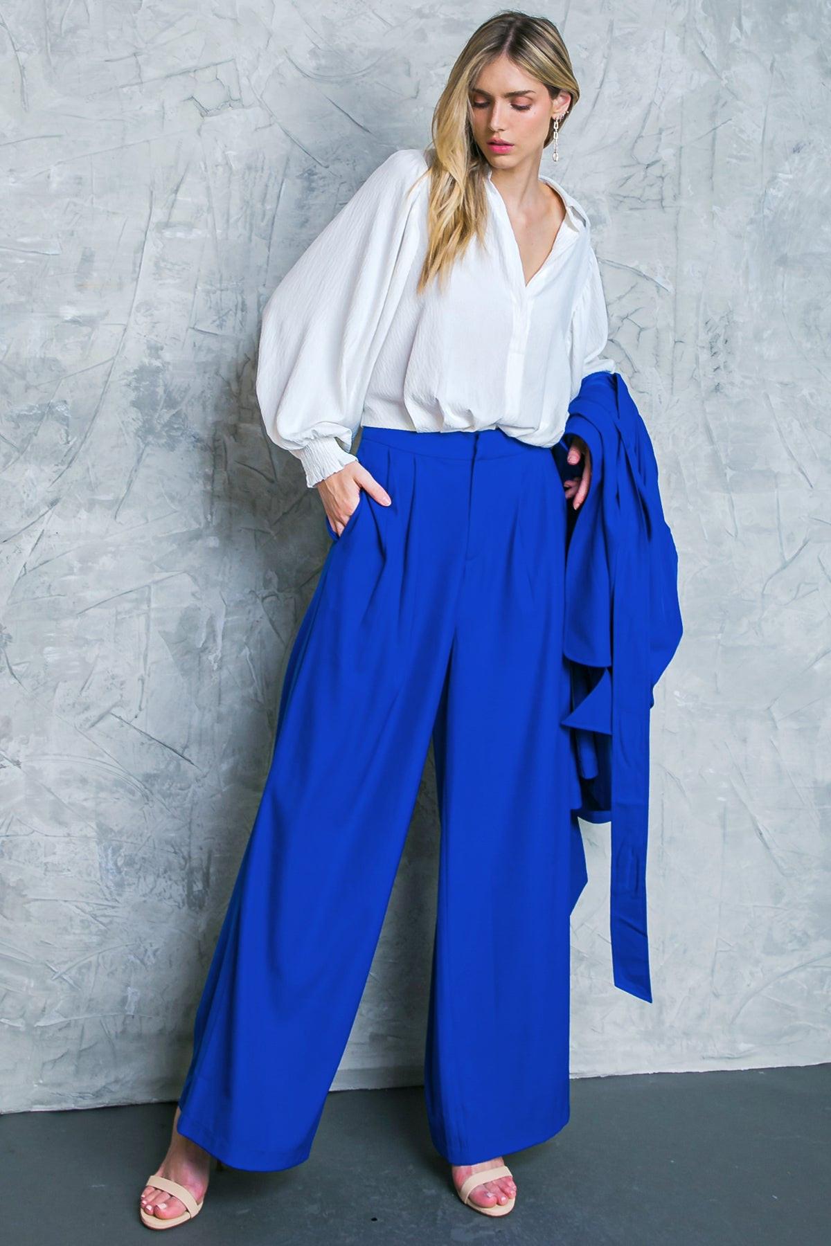 Boss Babe Woven Wide Leg Pants with Pleats and Front Closure with Side Pockets — Soul Flow Apparel