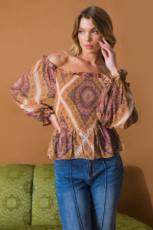 Boho Rainbow Woven Top With Off Shoulder Ruffle Puff Sleeves Peplum