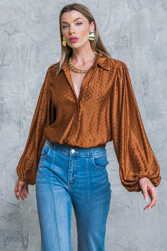 Regal Romance Woven Top with Shirt Collar Long Sleeves Elastic Waist — Soul Flow Apparel