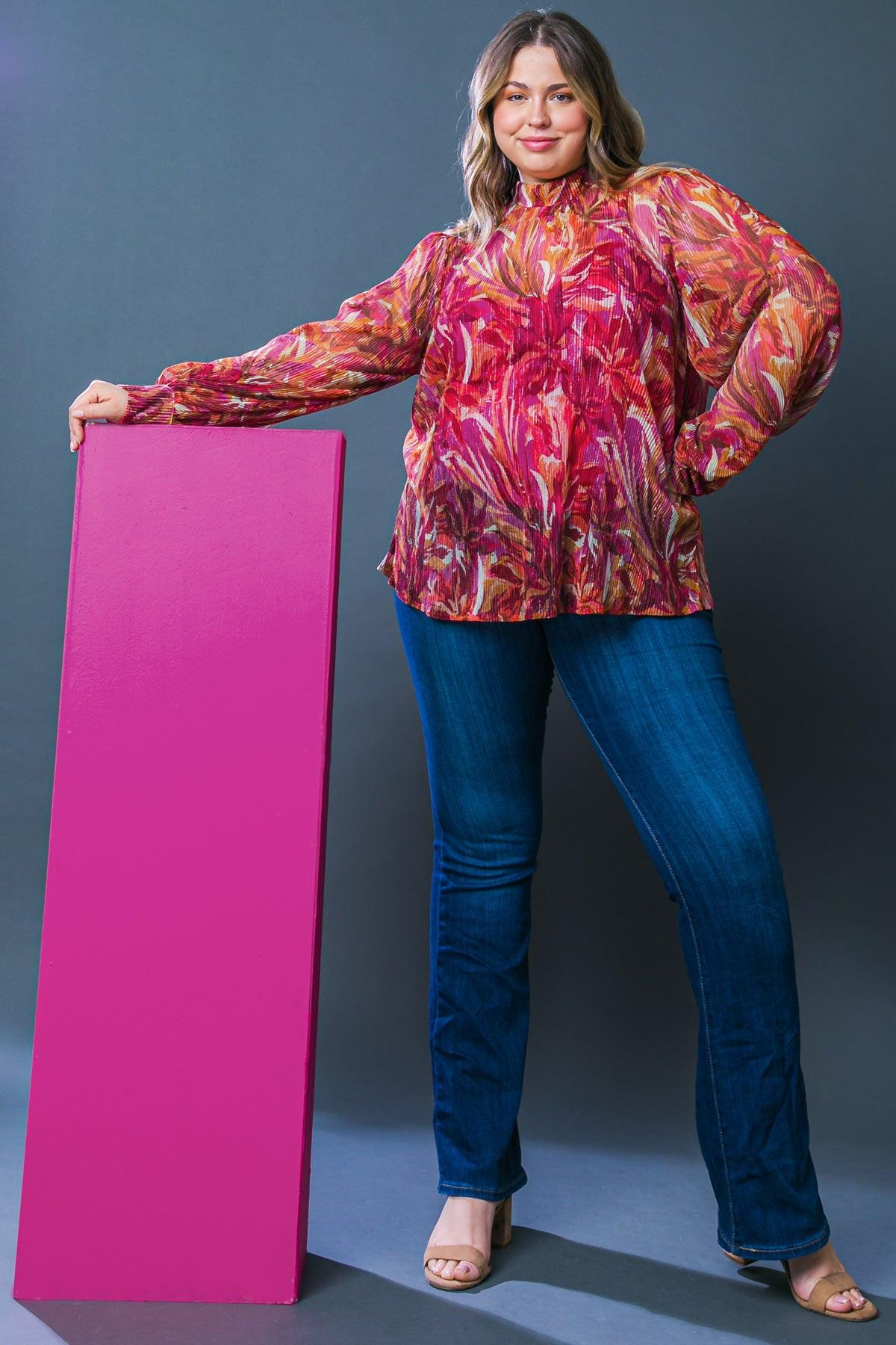 Crushing on You Woven Top High Neck Long Sleeve Cuffs Lightweight Breathable, view 1 — Soul Flow Apparel