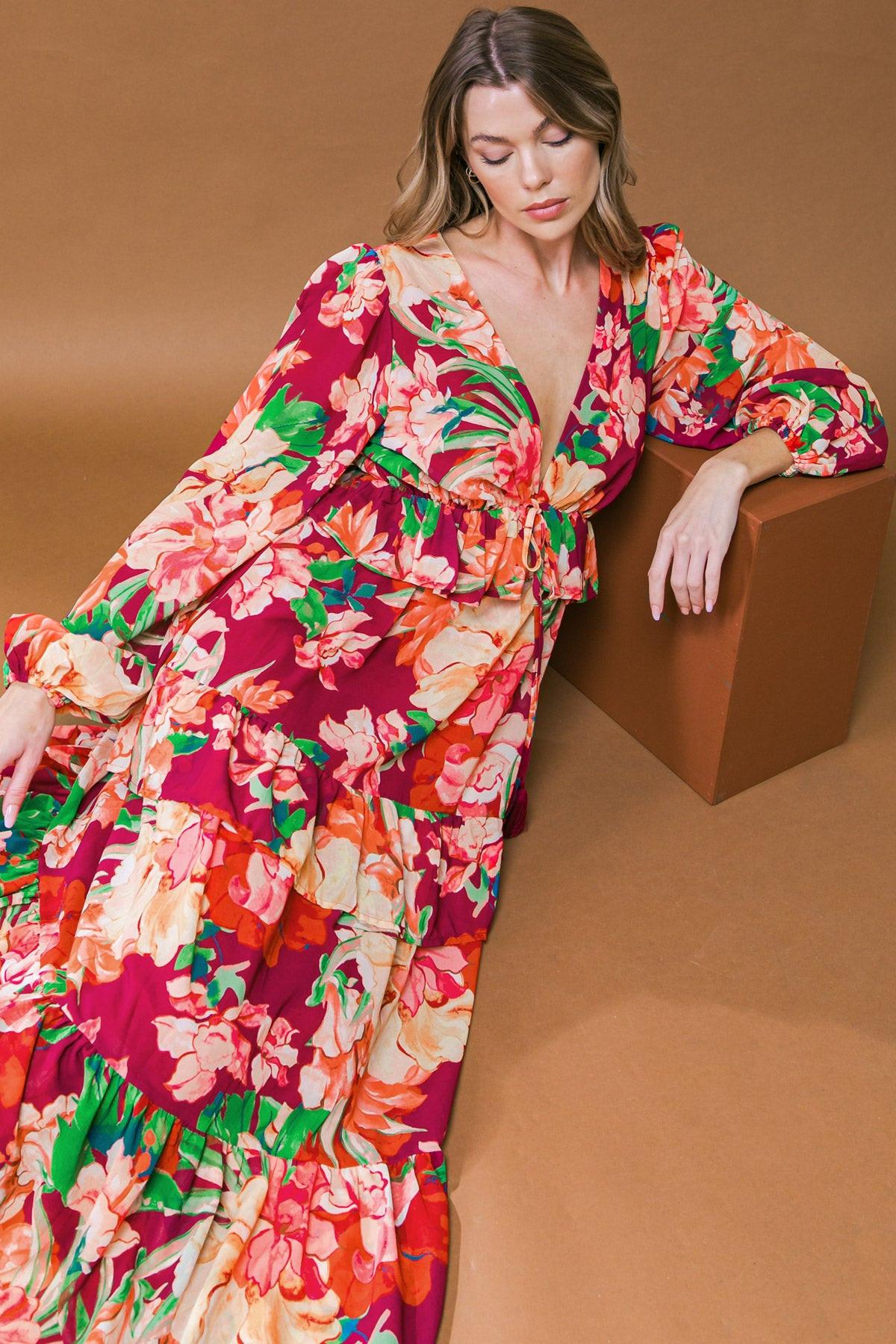 Leave You Speechless Woven Maxi Dress with V Neckline Long Sleeve Tiered Skirt in 20bur26 — Soul Flow Apparel