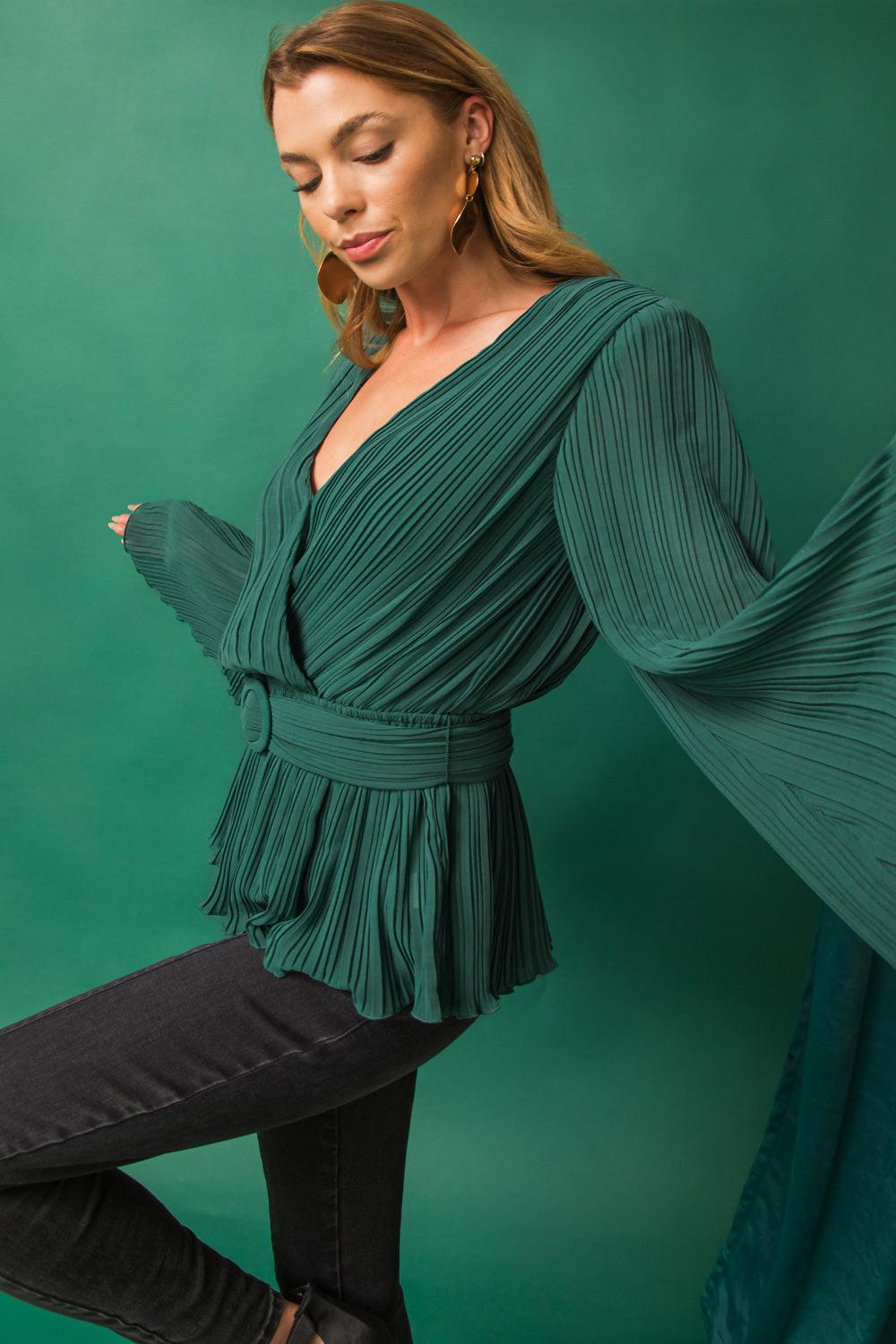 Hello Sweetheart Pleated Top with Surplice Neckline and Peplum Polyester in 20teal 20gre, view 2016 — Soul Flow Apparel