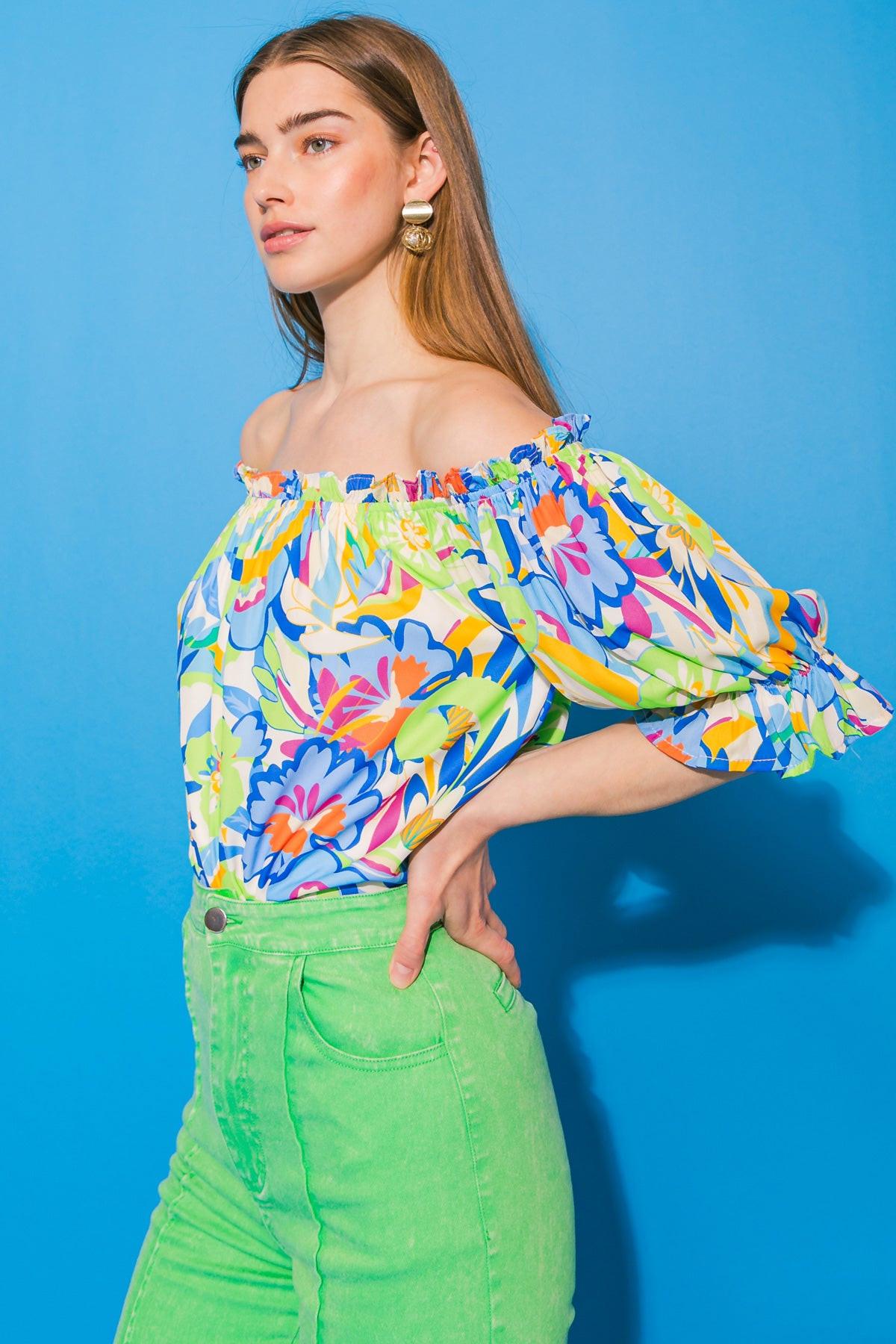 Last Photograph Printed Off Shoulder Woven Top with Ruffle Edge in 20ivo 20blu, view 2035 — Soul Flow Apparel