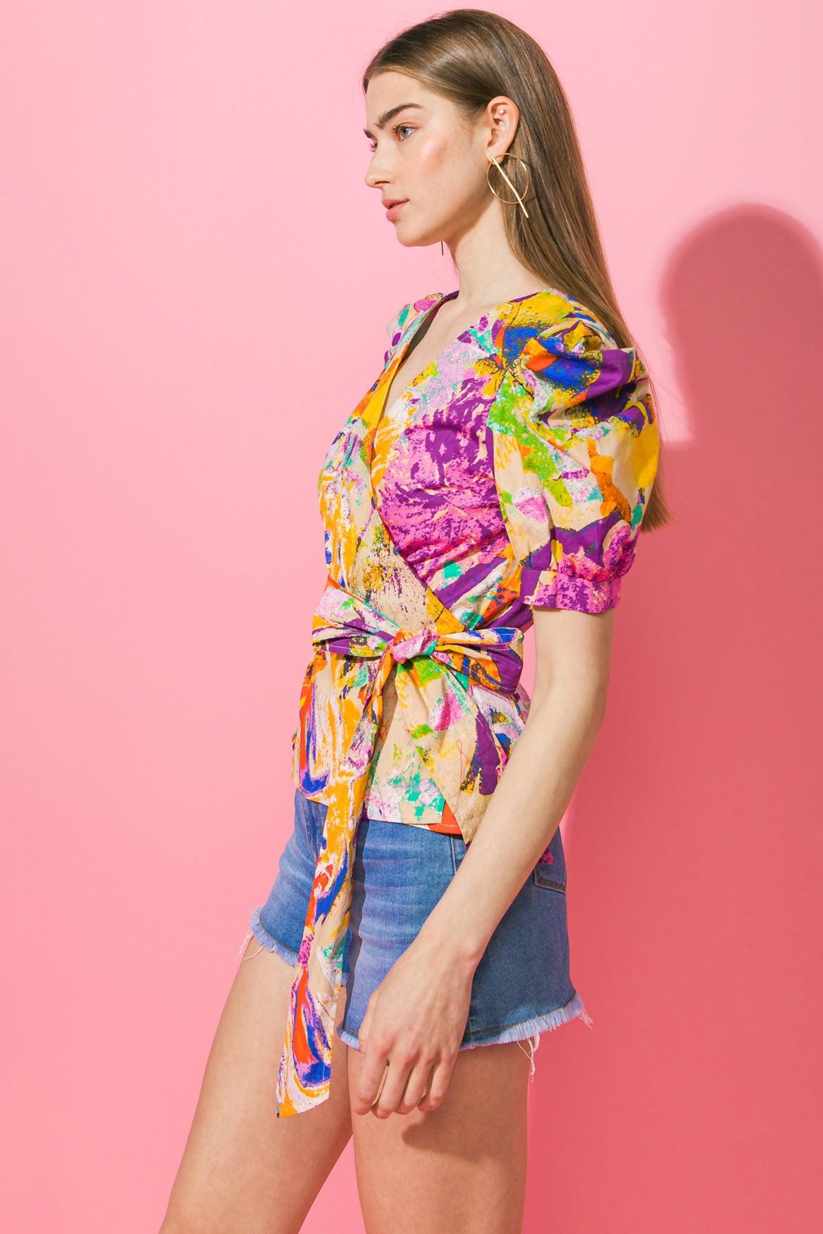Nothing to Lose Poplin Wrap Top with Puff Sleeves and Peplum in 20pur 20or10 — Soul Flow Apparel