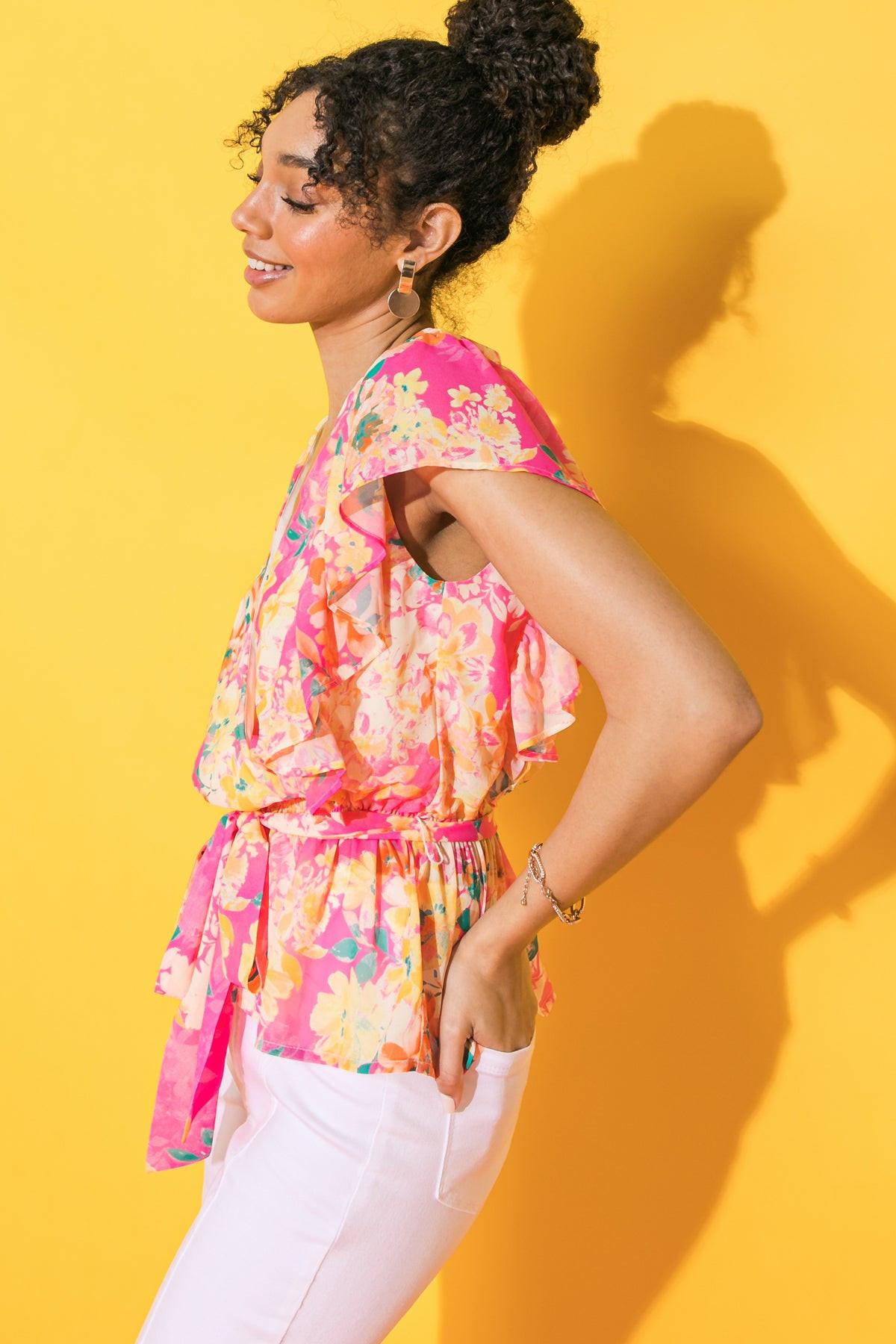 Faded View Woven Top with Surplice Neckline and Peplum Flare in 20pin14 — Soul Flow Apparel
