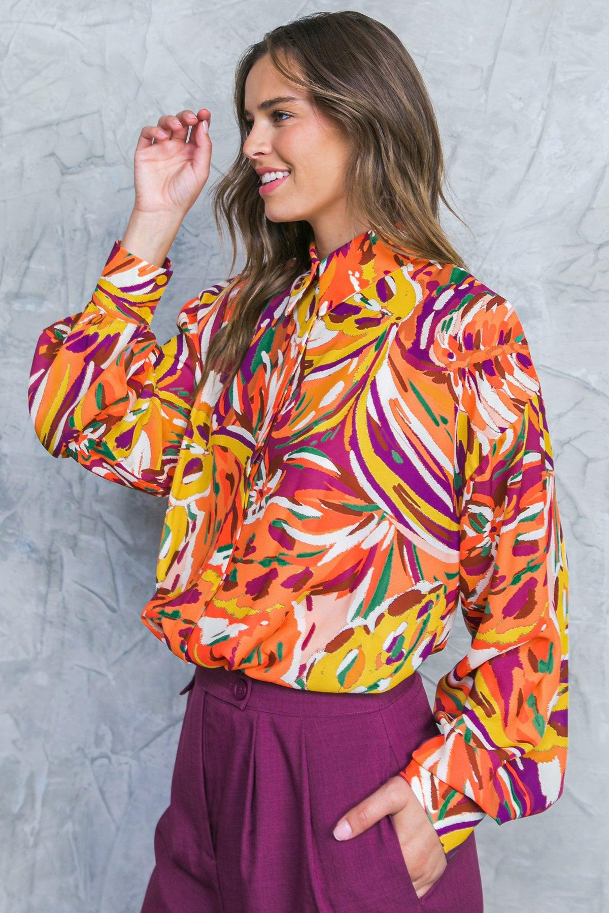 Famous Behavior Printed Woven Top with Shirt Collar and Long Sleeves in 20rus31 — Soul Flow Apparel