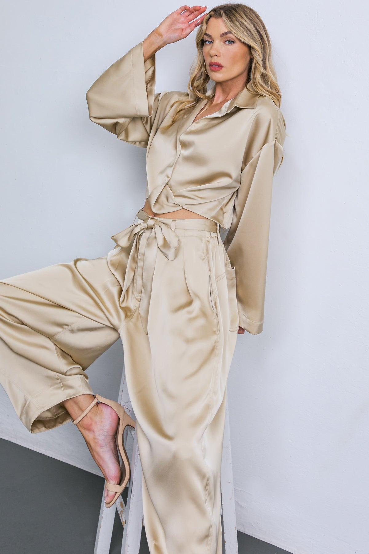 Powerful Charm Satin Top With Front Twist And Long Sleeve V Neck