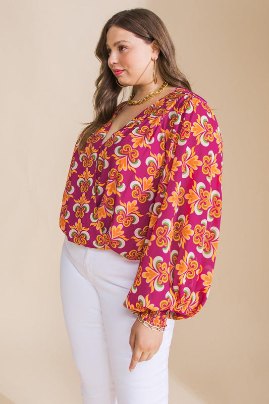 Starting Over Woven Bodysuit Surplice Neckline Smocked Sleeves in 20pur, view 2015 — Soul Flow Apparel
