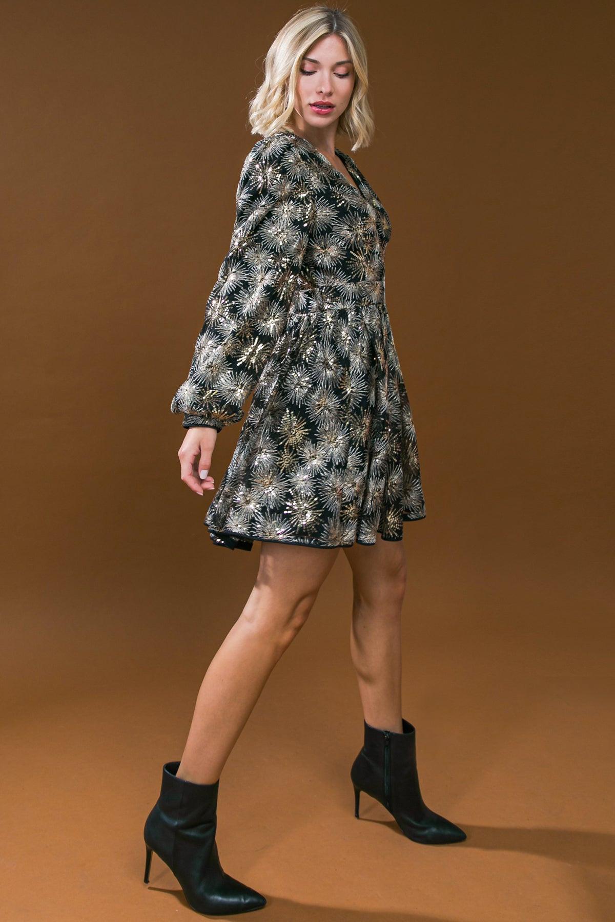 Sequined Mini Dress with Surplice Neckline and Puff Sleeves — Soul Flow Apparel