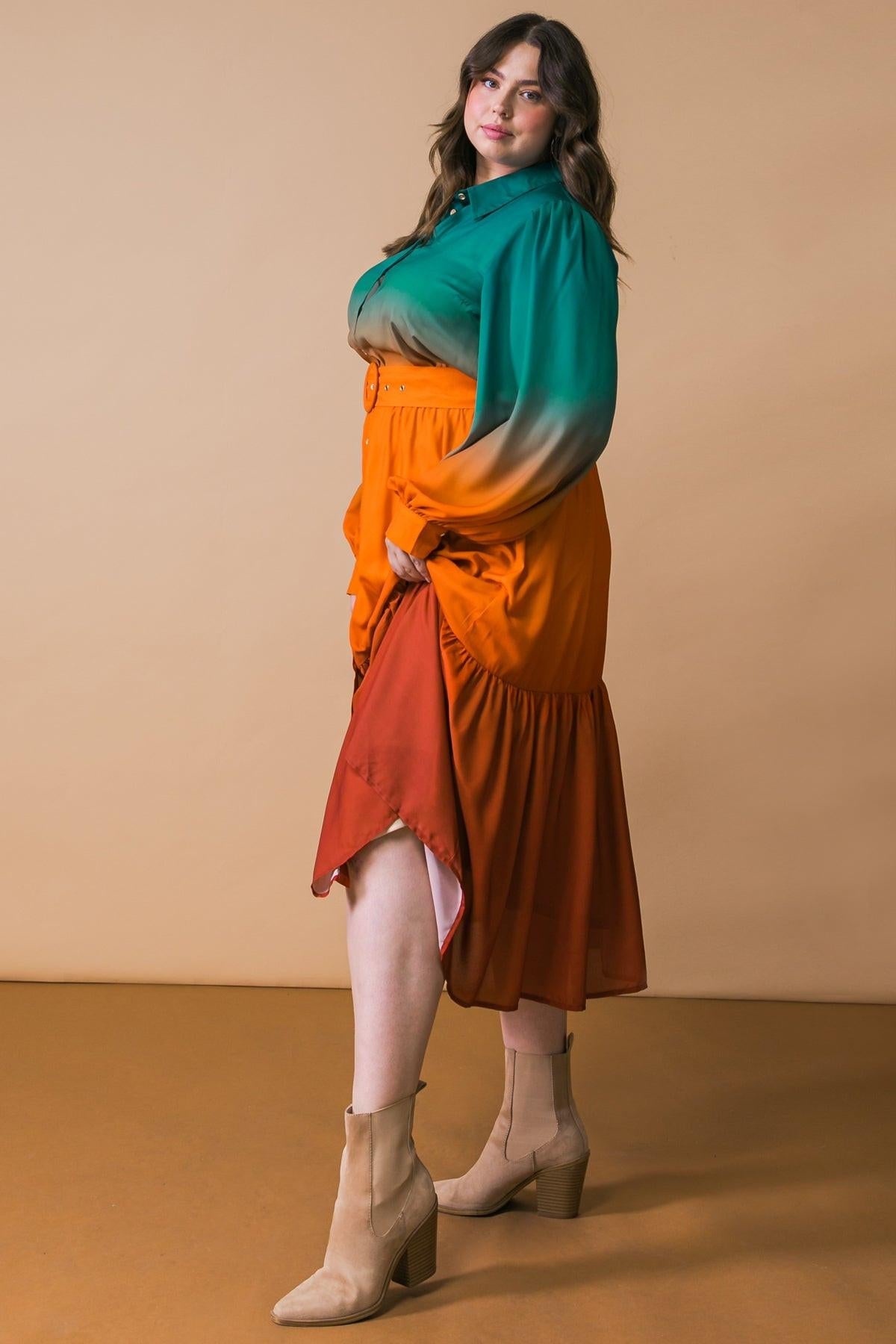 Show Stopper Woven Midi Dress With Shirt Collar Button Down Long Sleeves