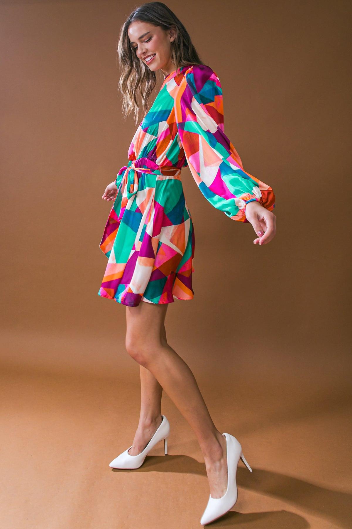 Woven Mini Dress Round Neckline Long Sleeves a Line Skirt with Back Zipper — Soul Flow Apparel