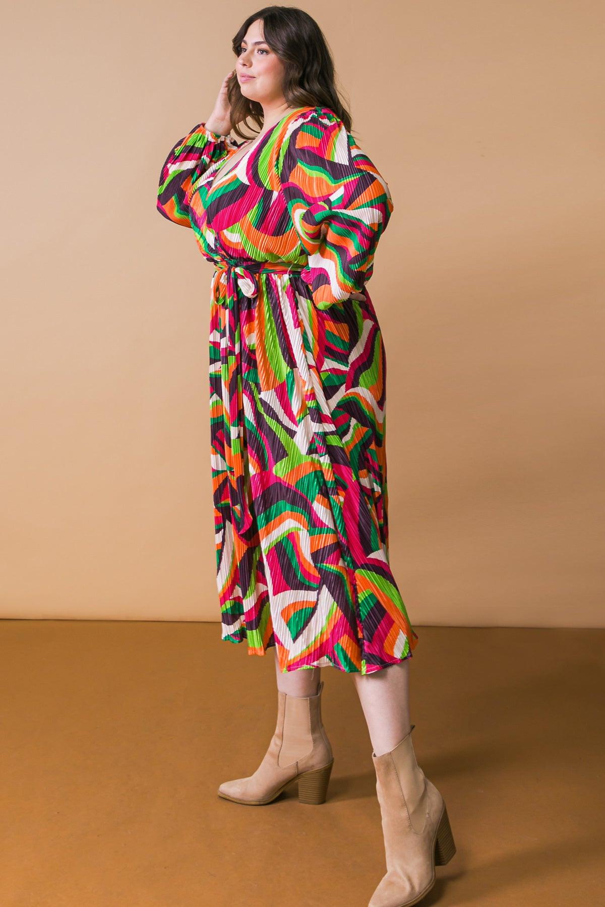 Printed Plisse Midi Dress With Surplice Neckline Long Sleeve And Self Tie