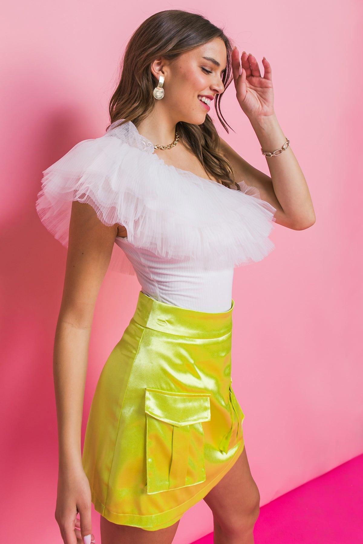 Champagne Dreams Knit Bodysuit One Shoulder Tulle Ruffles Cotton, view 1 — Soul Flow Apparel