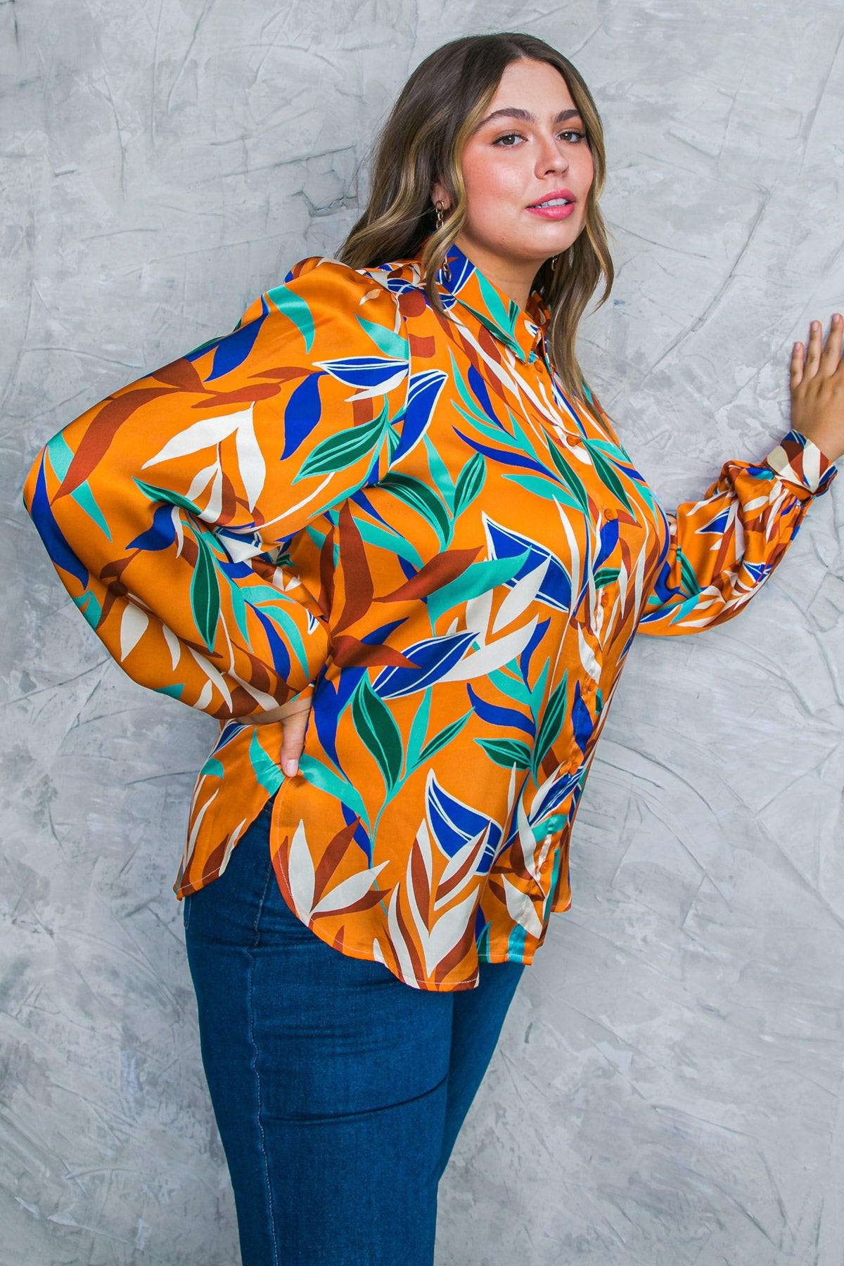 Feels Like Fall Woven Top Printed Button Down Collar Long Sleeves — Soul Flow Apparel