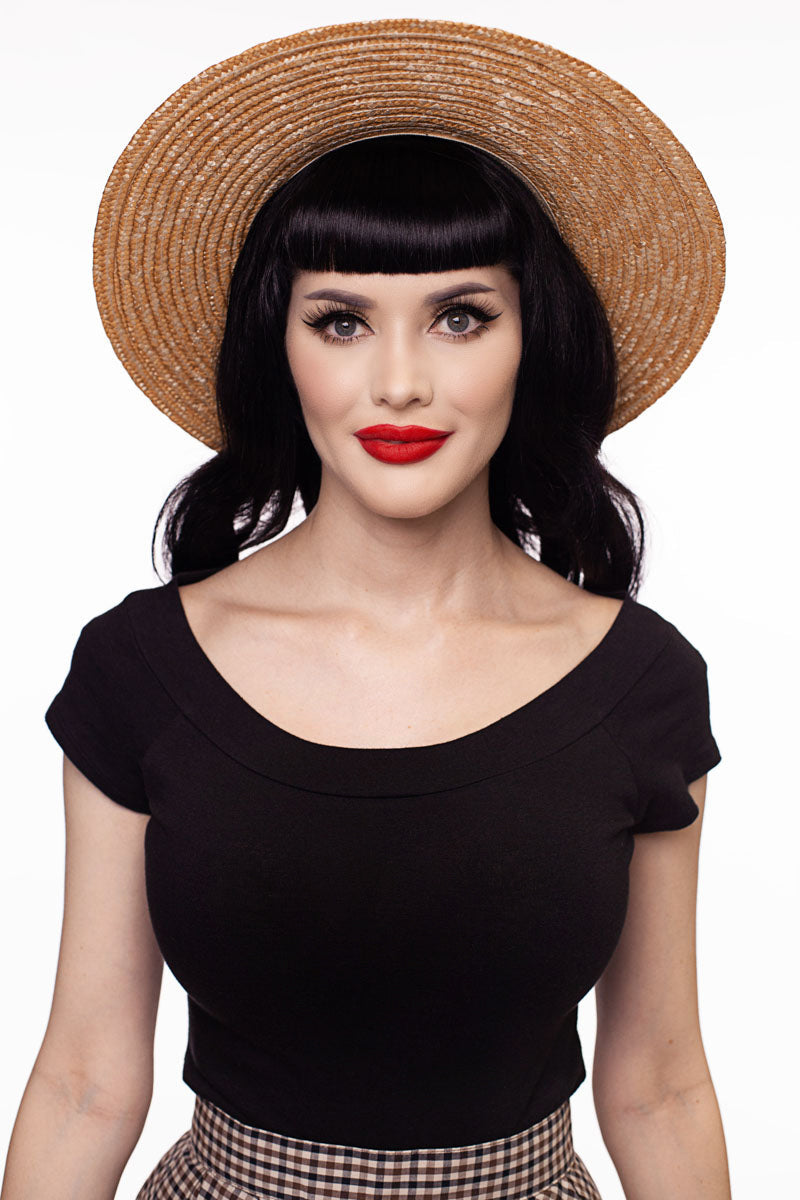 Retro Boat Neck Top in Black, view 2 — Soul Flow Apparel
