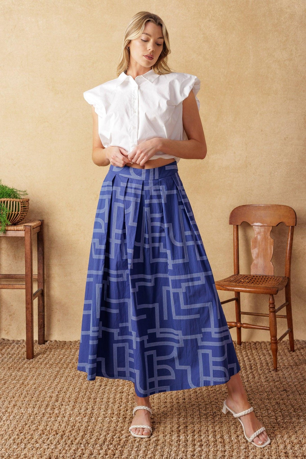 Leaves of Tomorrow Woven Midi Skirt in navy white, view 1 — Soul Flow Apparel