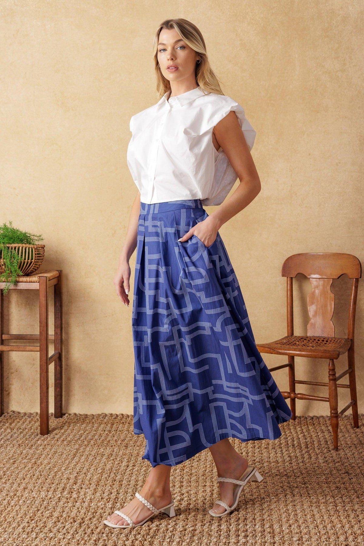 Leaves of Tomorrow Woven Midi Skirt in navy white, view 2 — Soul Flow Apparel