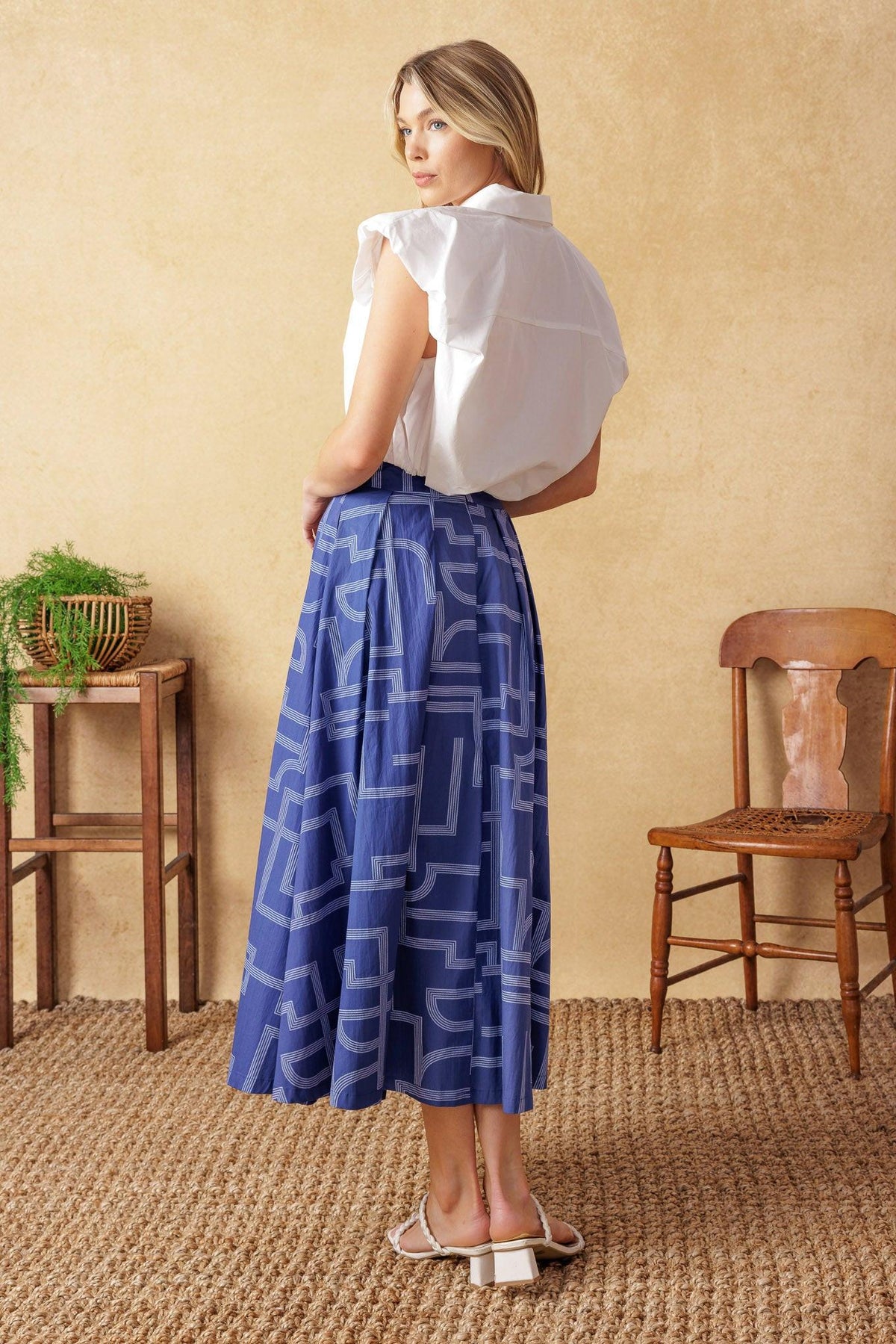 Leaves of Tomorrow Woven Midi Skirt in navy white, view 3 — Soul Flow Apparel