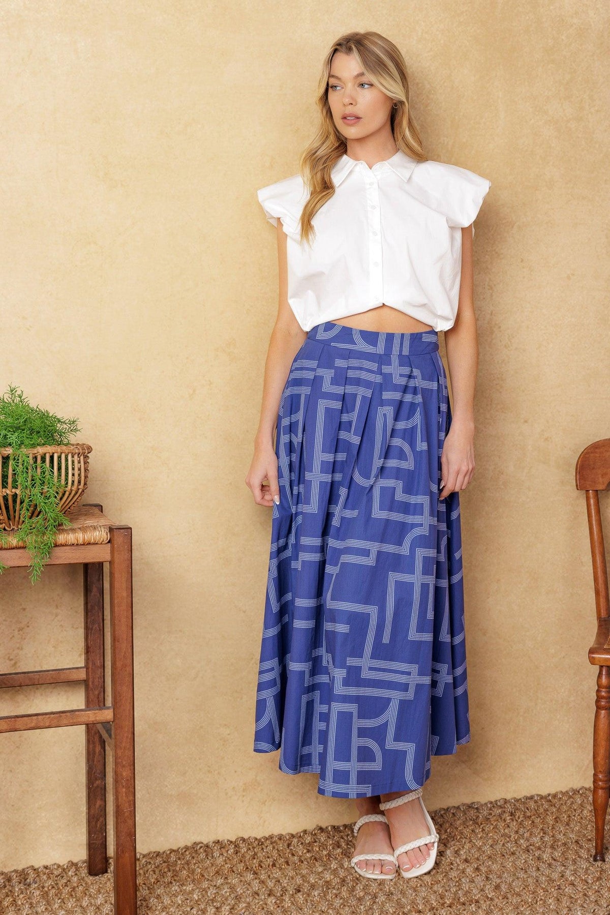 Leaves of Tomorrow Woven Midi Skirt in navy white, view 4 — Soul Flow Apparel
