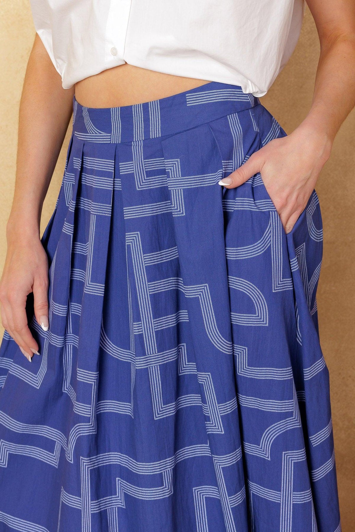 Leaves of Tomorrow Woven Midi Skirt in navy white, view 6 — Soul Flow Apparel