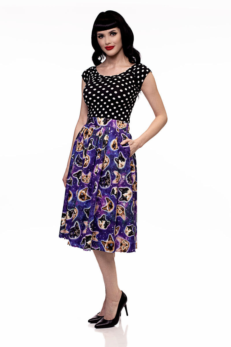 Doris Skirt in Space Cats, view 1 — Soul Flow Apparel
