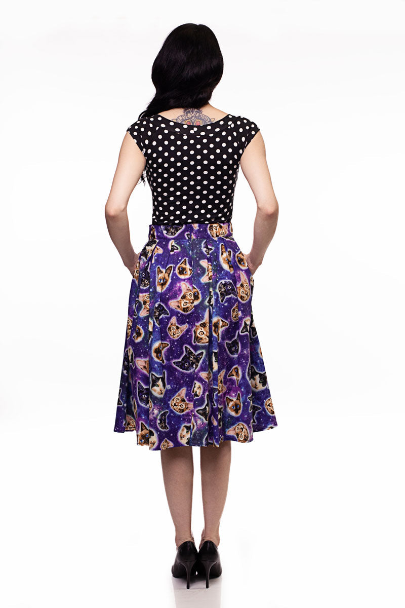 Doris Skirt in Space Cats, view 2 — Soul Flow Apparel