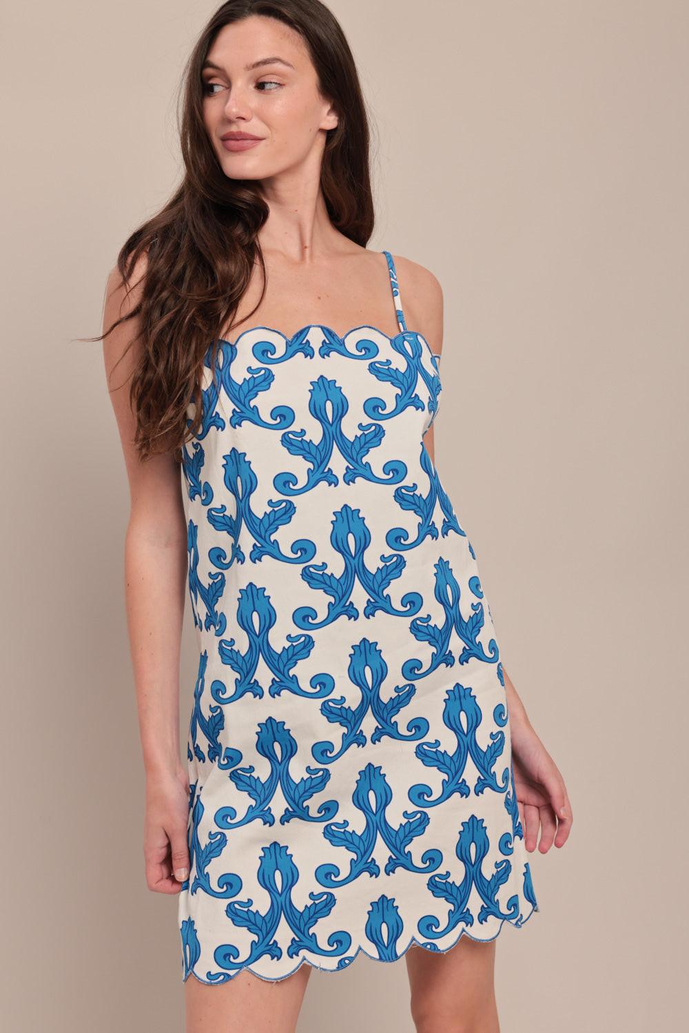 Coastal Scroll Woven Mini Dress in white blue, view 7 — Soul Flow Apparel
