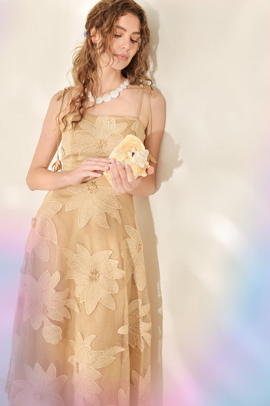 SANDY BLOOM FLORAL WOVEN LACE MIDI DRESS