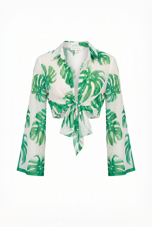 Eyes on Paradise Floral Woven Top with Front Tie Long Angel Sleeves in ivory green — Soul Flow Apparel
