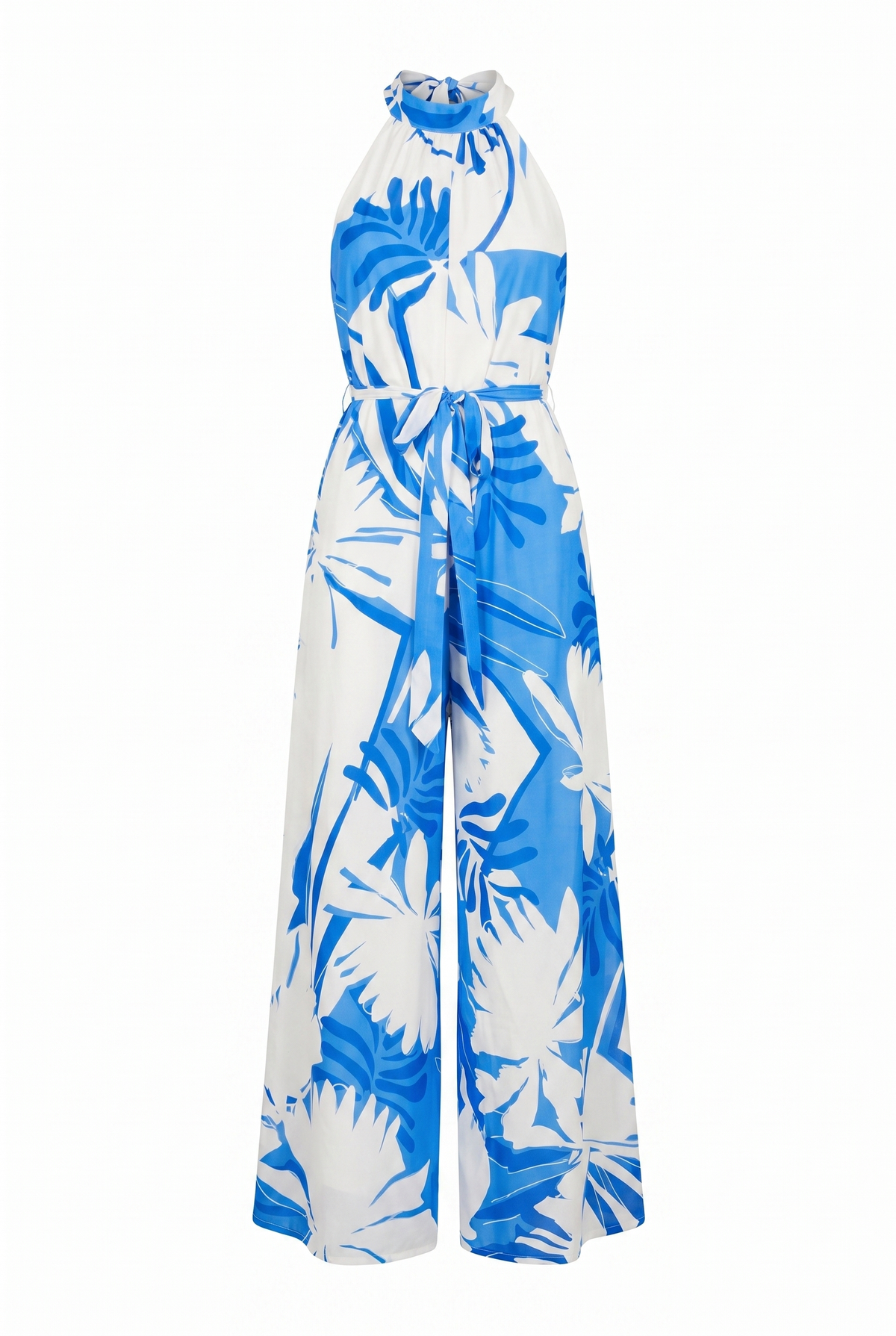 Vacation Jumpsuit Printed Woven Bare Back Halter Neck Back Tie Wide Leg in blue ivory — Soul Flow Apparel