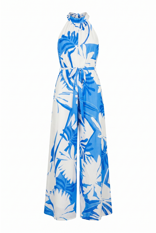 Vacation Jumpsuit Printed Woven Bare Back Halter Neck Back Tie Wide Leg in blue ivory — Soul Flow Apparel
