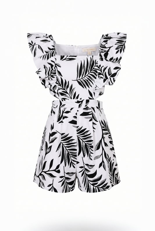 Aurora Stretch Twill Romper with Square Neck Ruffled Sleeves in white black — Soul Flow Apparel
